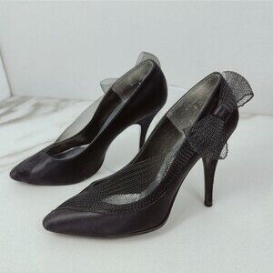 VTG Y2K Wild Nights Black Textile Mesh Bow Almond Toe Pumps Heels, Sz 6